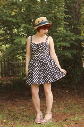 Outfit: Polka Dot Matching Set with Floral Wedges and a Straw Hat