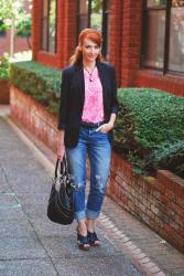 Neon Pink and Black with Distressed Denim and a Glass Pendant