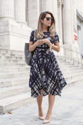 Casual Workwear | Painted Plaid Dress + Grey Tote