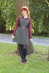 Outfit: Maroon Cat Print Top Layered Underneath a Sleeveless Striped Dress