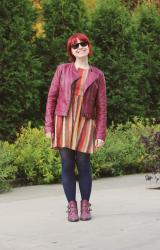 Outfit: Chevron Print Dress with a Burgundy Leather Jacket and Ankle Boots