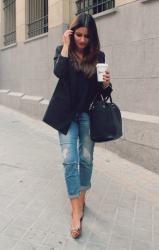 Boyfriend jeans, black blazer & animal print