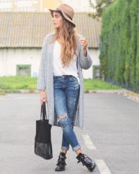 white tee + jeans + maxi cardigan