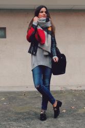 Big scarf, jeans and moccasins