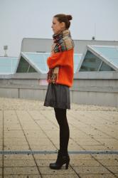 orange oversize sweater & plaid scarf