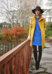 royal blue dress with amber coat