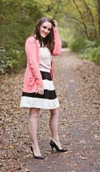 Coral Cardigan and Stripped Skirt