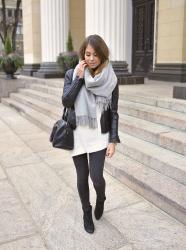 chunky scarf, biker & boots