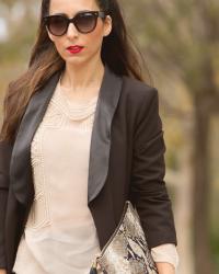 Christmas Outfit Ideas: Pearls, Leather Leggings and Tuxedo Blazer