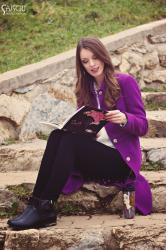 purple coat and fluffy sweater