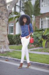 Western Denim Shirt + White Moto Jeans