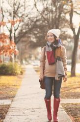 Colorblock Blanket Scarf + Red Rain Boots