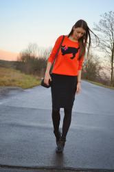 orange sweater with black cat