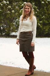 White Sweater and Khaki Skirt