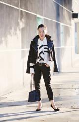 Black and White Style: Leather Jacket and Silk Blouse