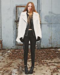 Faux fur and leather.