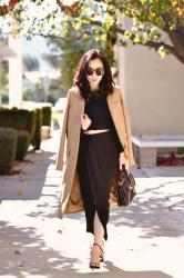 Camel Midi Coat & Black Pencil Skirt