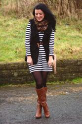Stripe Dress with a Black Gilet and Tan boots