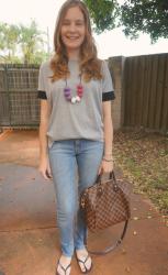 Casual and Comfy Grey Tee and Skinny Jeans. Dressed Up With Bodycon And Studs