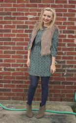 fur vest, printed dress