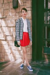 (Kongstyle via OKDGG top and jacket, Persunmall skirt, Keds...