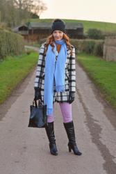 Winter Style | Black and White Check Coat With Baby Blue and Baby Pink