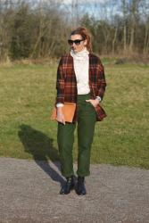 White Lace Top, Rusty Red Plaid Jacket and a Classic Leather Pouch