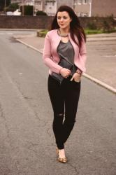 Pink Blazer with Ripped Jeans and Leopard Print Heels