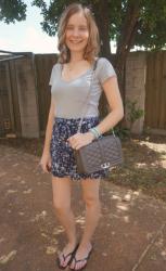 Prints! Grey Tee, Printed Shorts. Floral Tank, Striped Skirt.