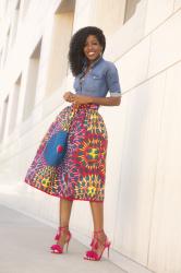 Fitted Denim Shirt + Printed Midi Skirt