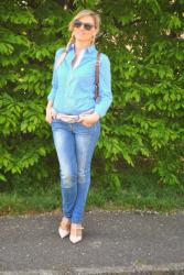 OUTFIT: JEANS, BLUE SHIRT AND  BACKPACK