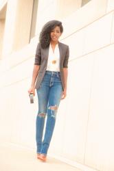 Blazer + Wrap Blouse + Ripped High Waist Jeans