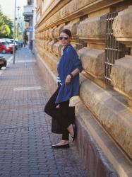 blue trench coat & rainbow sunnies