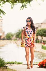 Candy-Colored Romper + Tory Burch Sandals // Ann Taylor Sale