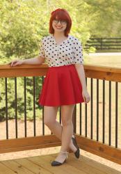 Outfit: White Polka Dot Top, Red Neoprene Skater Skirt, and Cat Eye Glasses