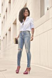 Boyfriend Button-Down + Hight Waist Distressed Skinnies.