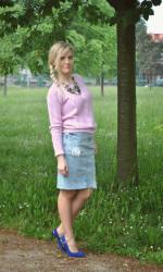 OUTFIT: DENIM RIPPED MIDI SKIRT, SWEATER AND BLUE HEELS