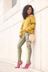 Off Shoulder Sweater + Skinny Cargo Pants