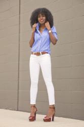 Striped Button-Down Shirt + White Pegged Jeans