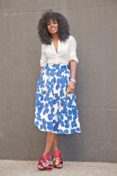 Button Down Shirt + Floral Print Midi Skirt