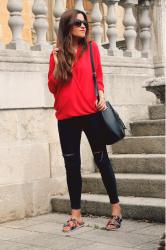 Red blouse and floral sandals