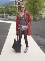 Red leather coat and US flag