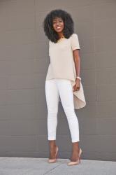 Babydoll Blouse + White Skinny Jeans