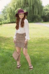 Suede Skirt and White Shirt 