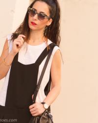 Black Dungaree, Golden Sandals and Fringed Bag