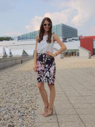 floral skirt with white accessories