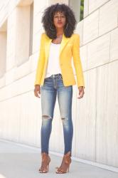 Satin Lapel Blazer + Tank + Distressed Jeans