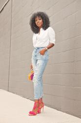 Boyfriend Fit Button-Down + Distressed High Waist Jeans