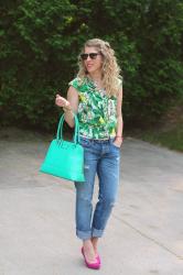 Tropical Print Top and Pink Heels