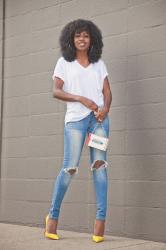 V-Neck Tee + Ripped Skinny Jeans
